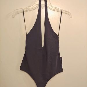 Express grey deep V bodysuit thong